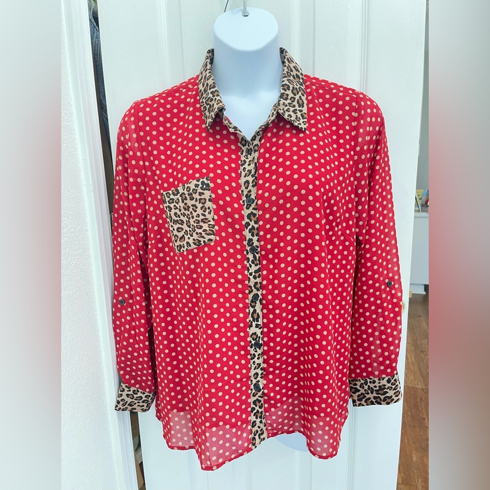 Belle by Kim Gravel Red And Tan Polka Dot Blouse with Leopard Accents